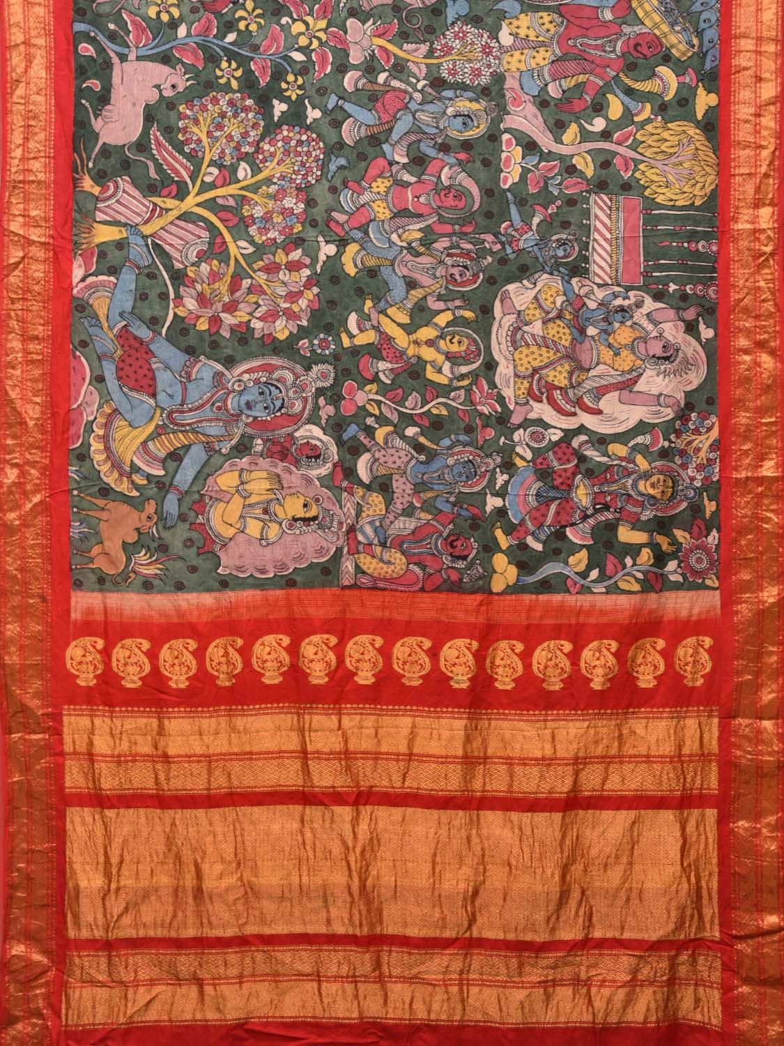 Green Kalamkari Hand Painted Kanchipuram Silk Handloom Saree with Dashavatar Design KL0468