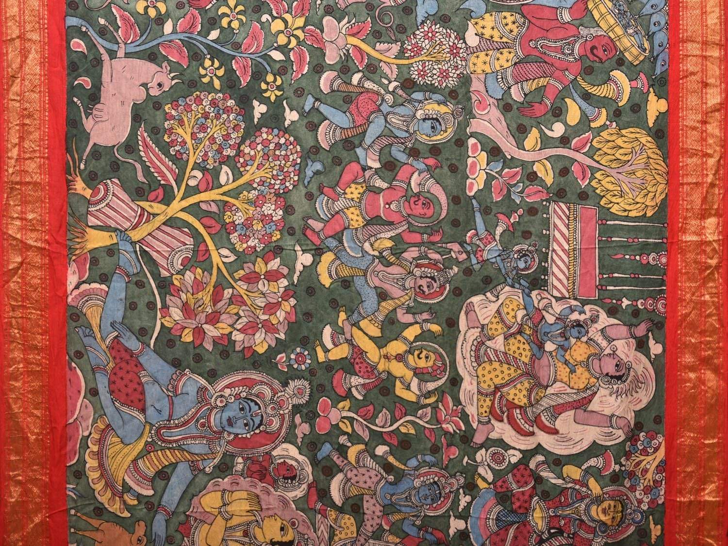 Green Kalamkari Hand Painted Kanchipuram Silk Handloom Saree with Dashavatar Design KL0468