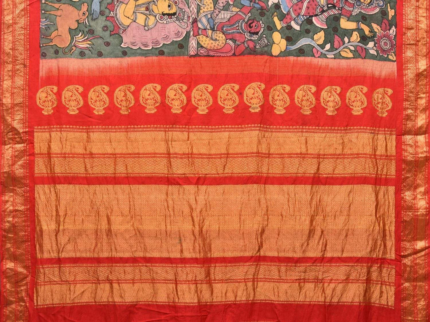 Green Kalamkari Hand Painted Kanchipuram Silk Handloom Saree with Dashavatar Design KL0468