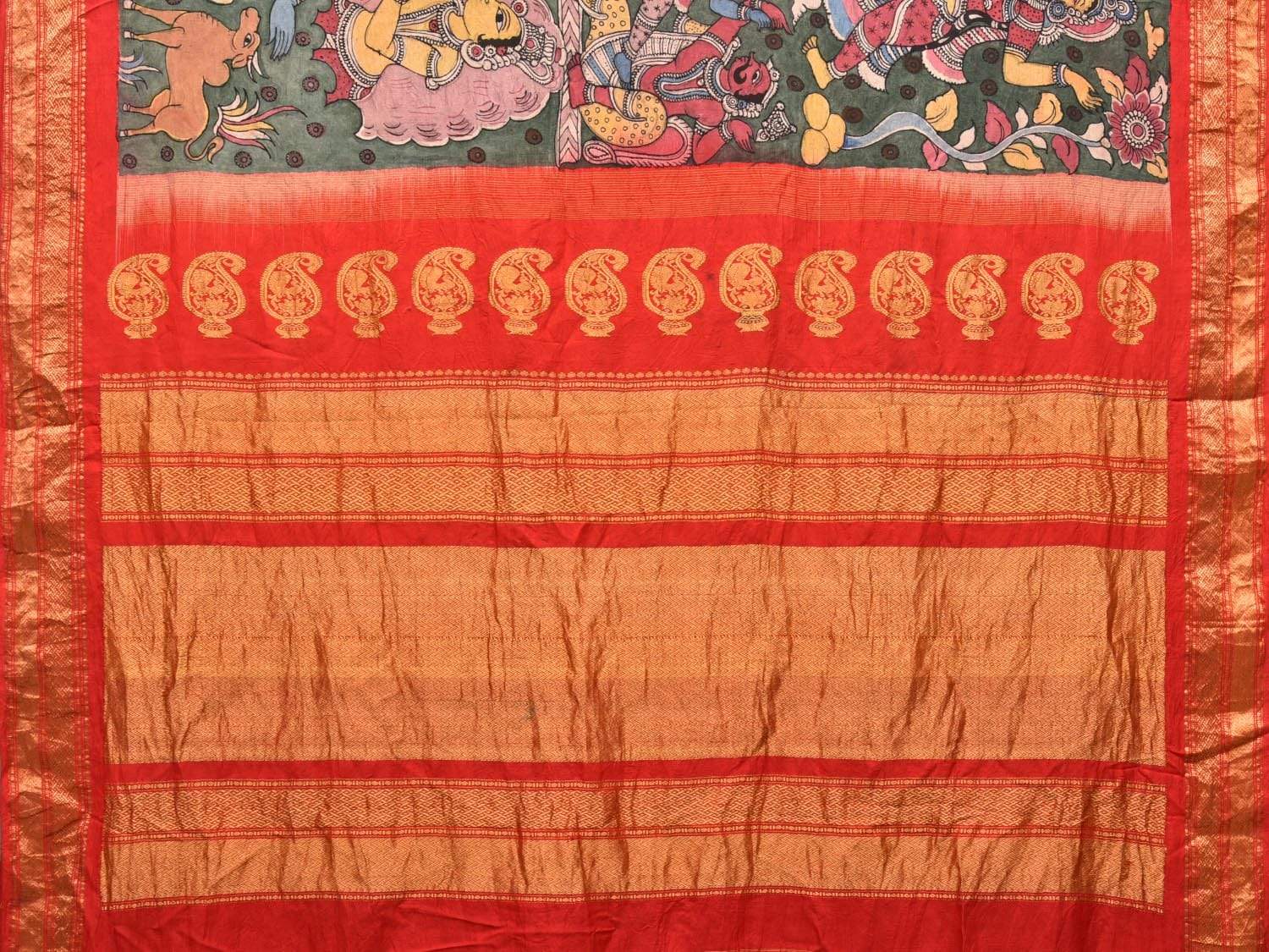 Green Kalamkari Hand Painted Kanchipuram Silk Handloom Saree with Dashavatar Design KL0468