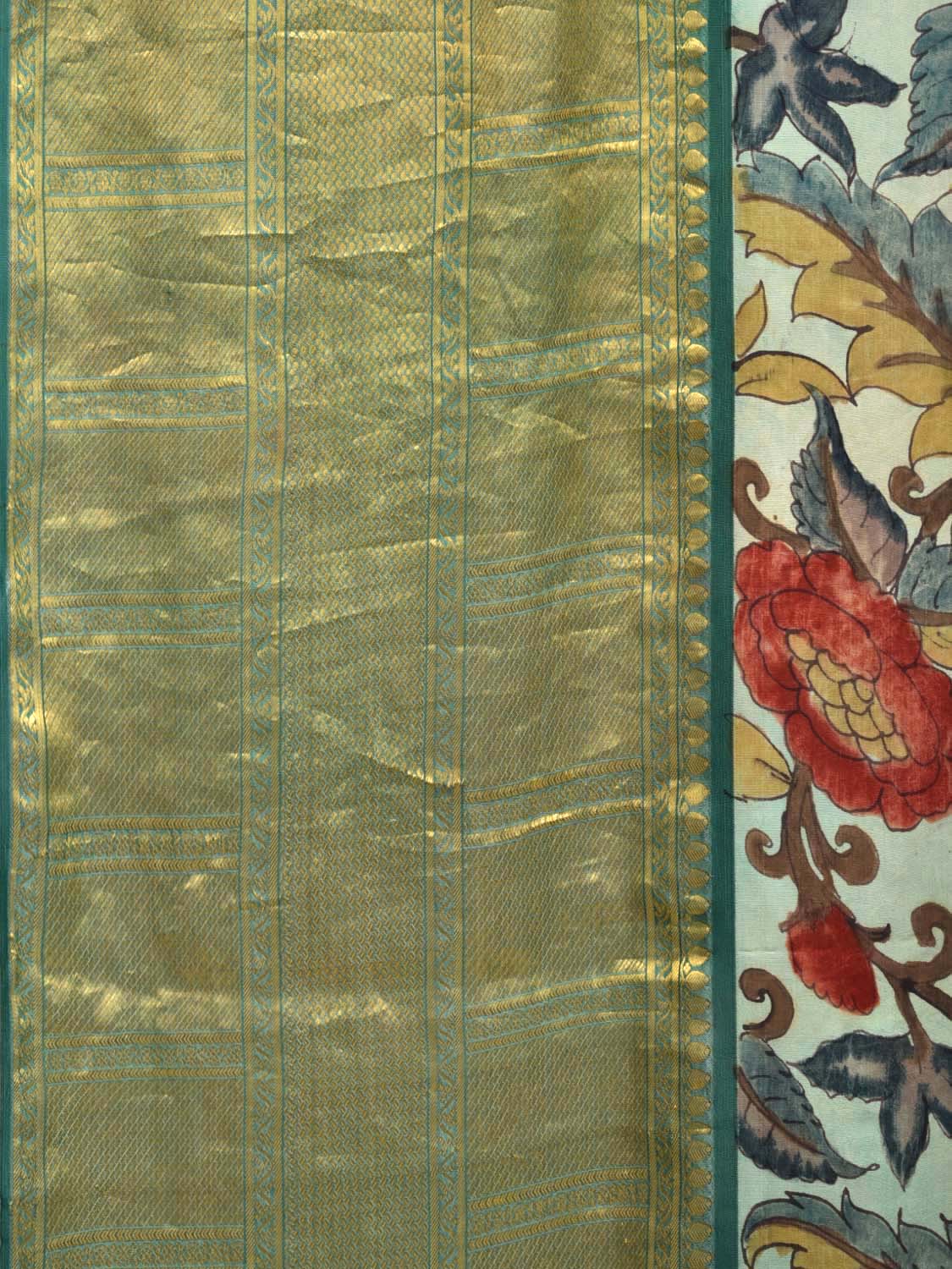 Green Kalamkari Hand Painted Kanchipuram Silk Handloom Saree with Floral Design KL0420