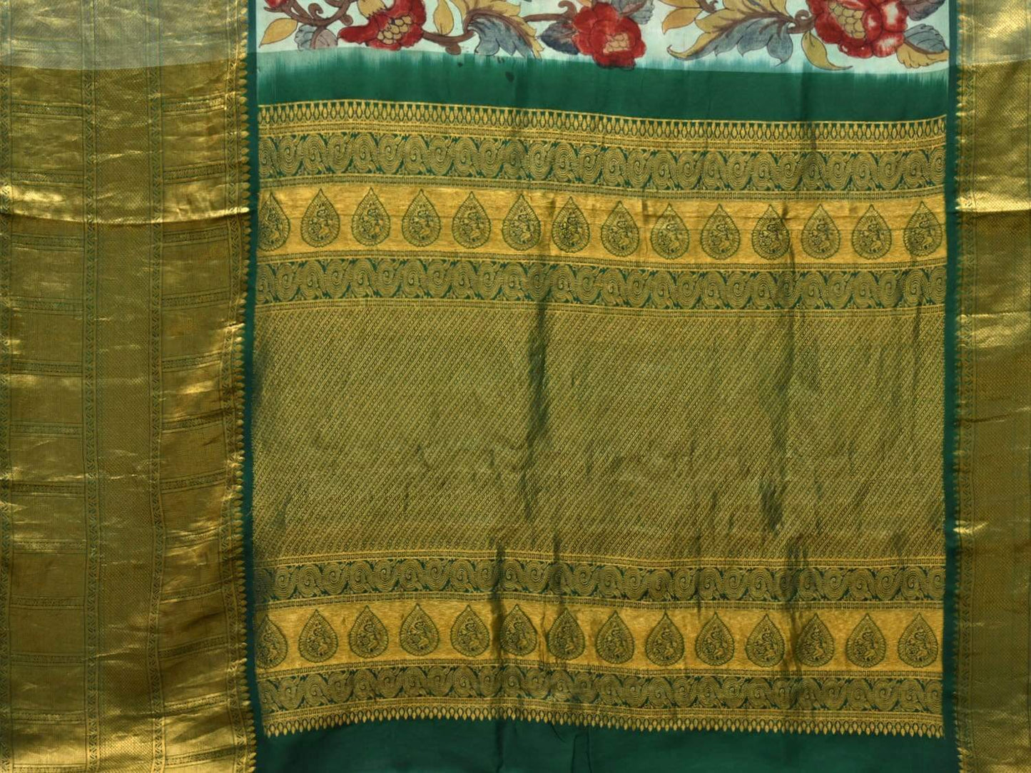 Green Kalamkari Hand Painted Kanchipuram Silk Handloom Saree with Floral Design KL0420