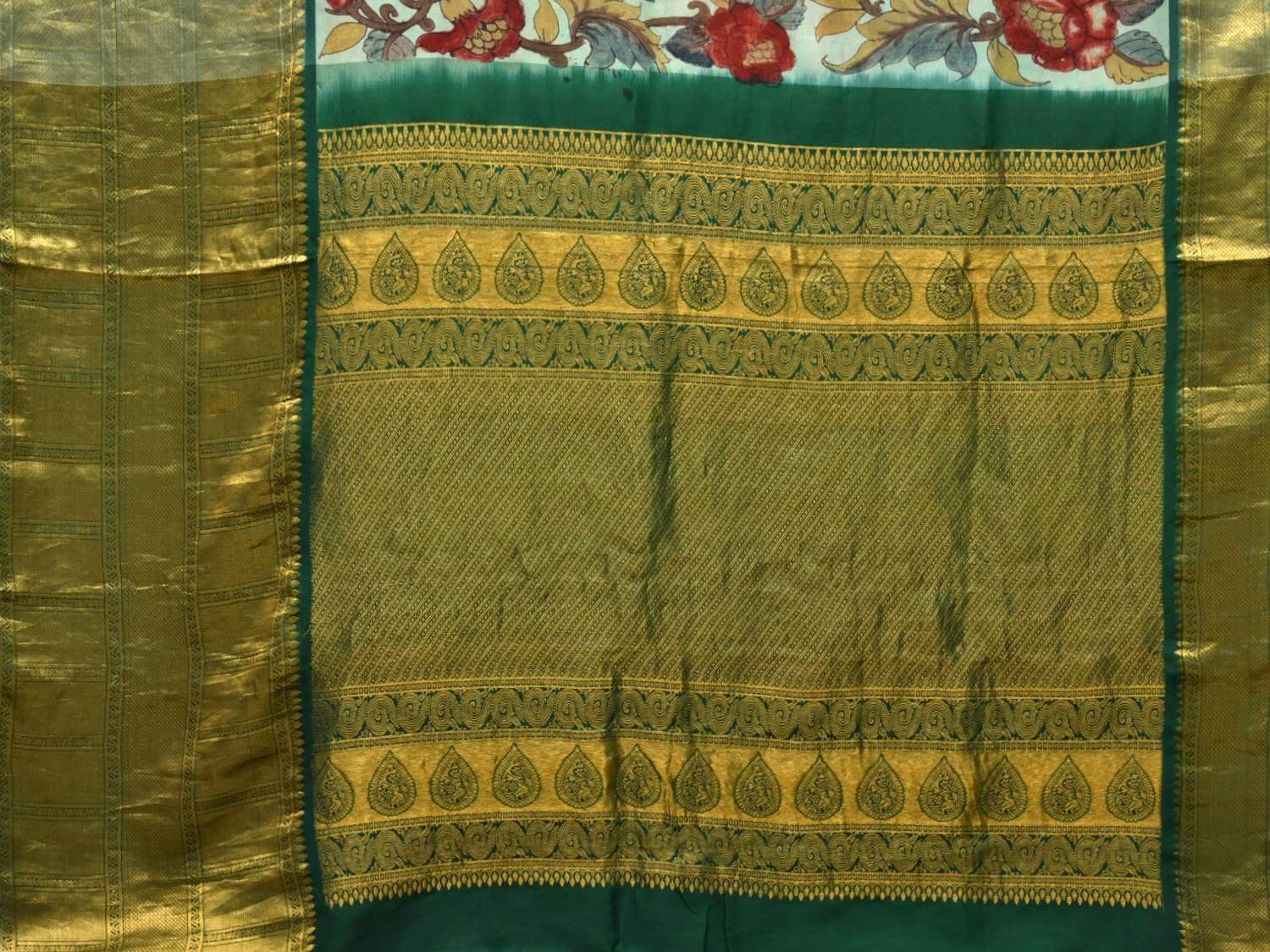 Green Kalamkari Hand Painted Kanchipuram Silk Handloom Saree with Floral Design KL0420