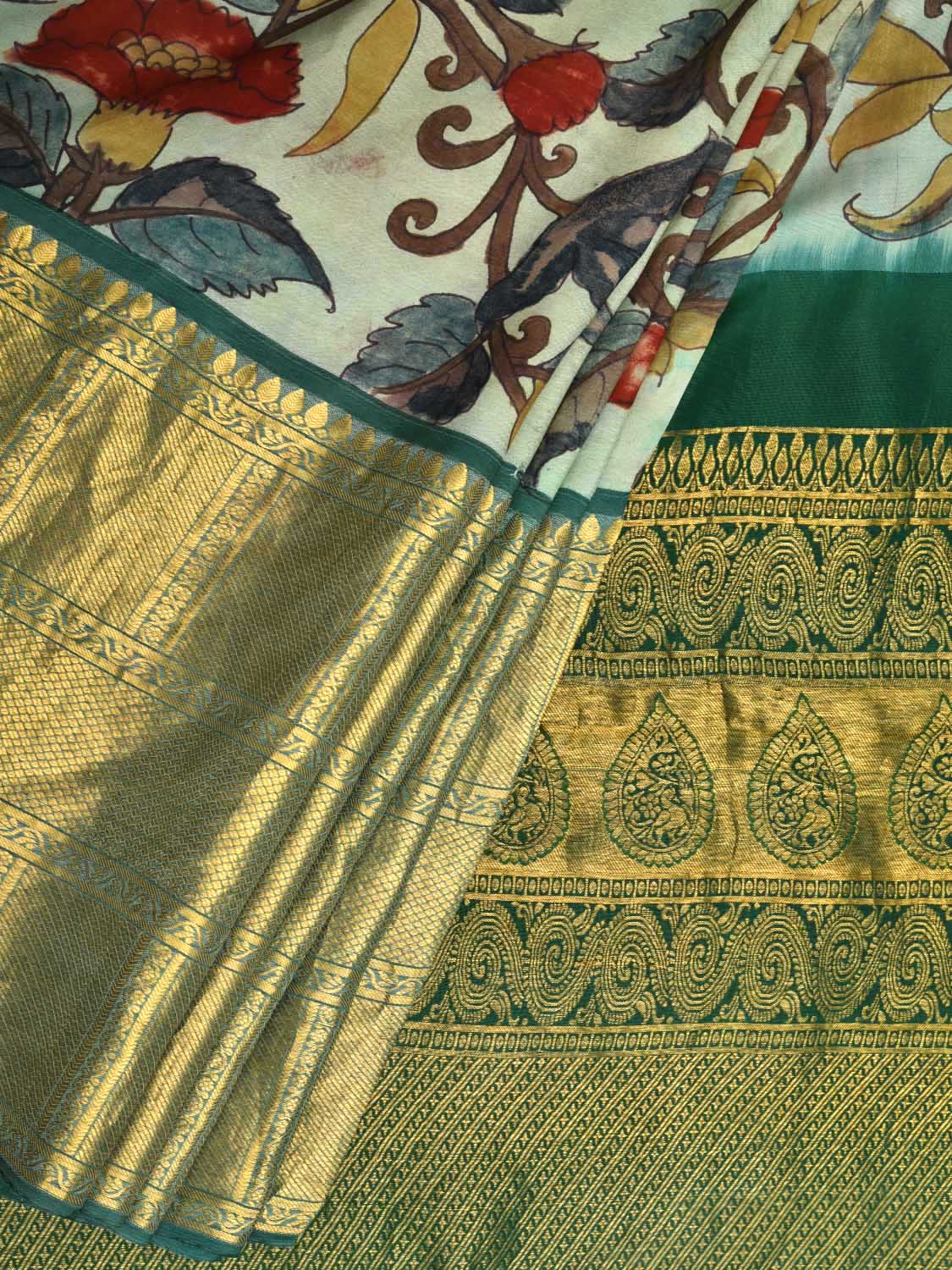 Green Kalamkari Hand Painted Kanchipuram Silk Handloom Saree with Floral Design KL0420