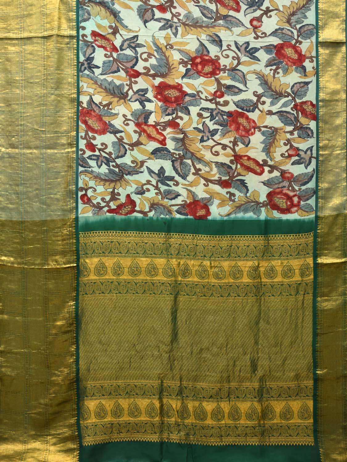 Green Kalamkari Hand Painted Kanchipuram Silk Handloom Saree with Floral Design KL0420