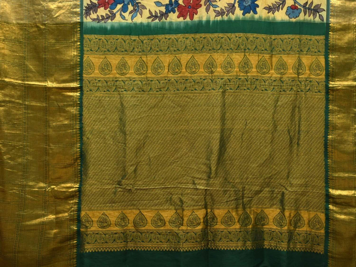 Green Kalamkari Hand Painted Kanchipuram Silk Handloom Saree with Floral Design KL0466