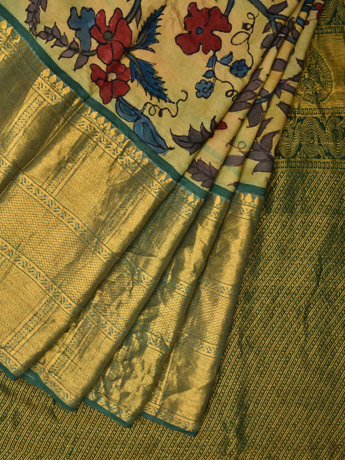 Green Kalamkari Hand Painted Kanchipuram Silk Handloom Saree with Floral Design KL0466