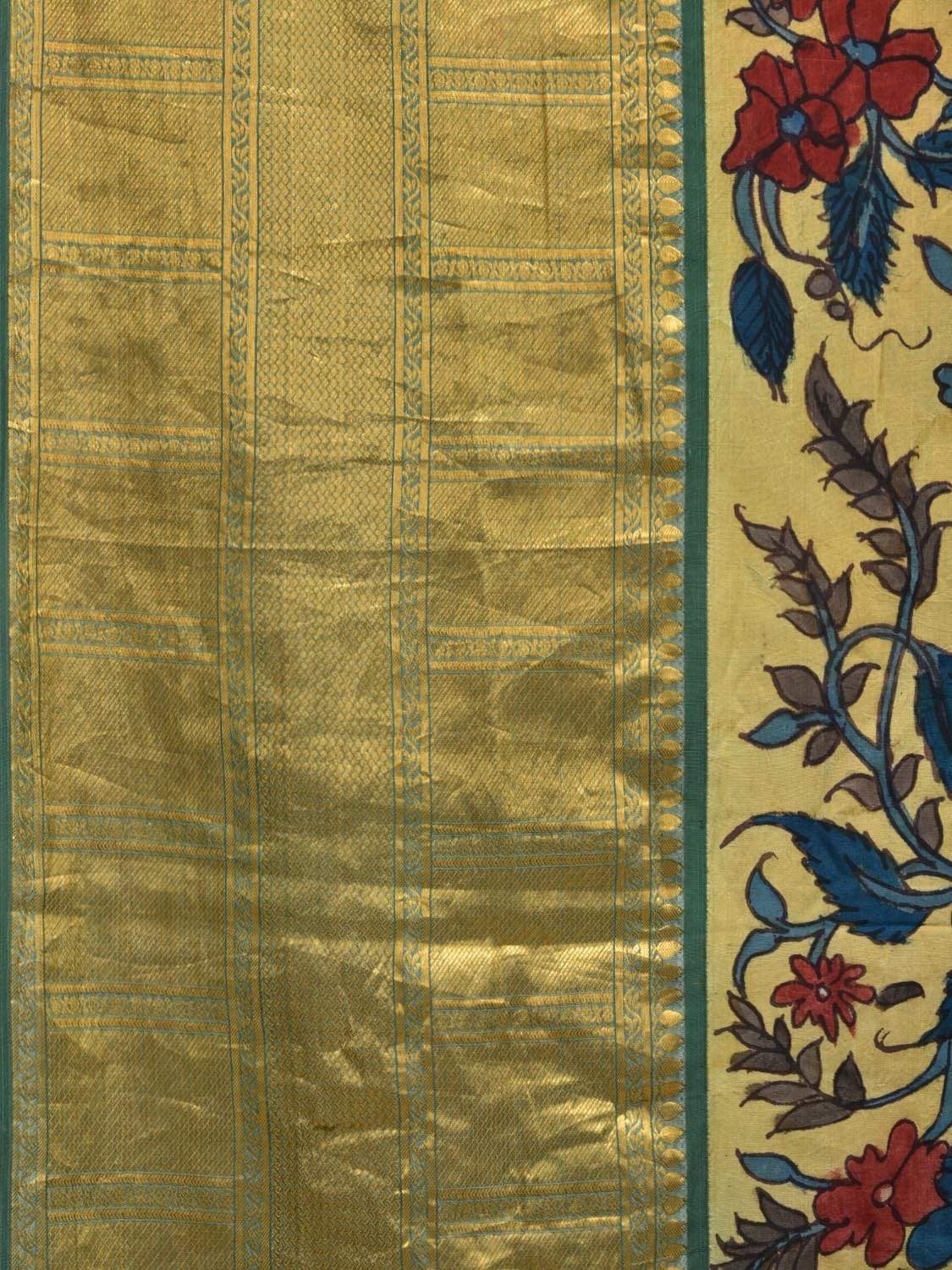 Green Kalamkari Hand Painted Kanchipuram Silk Handloom Saree with Floral Design KL0466