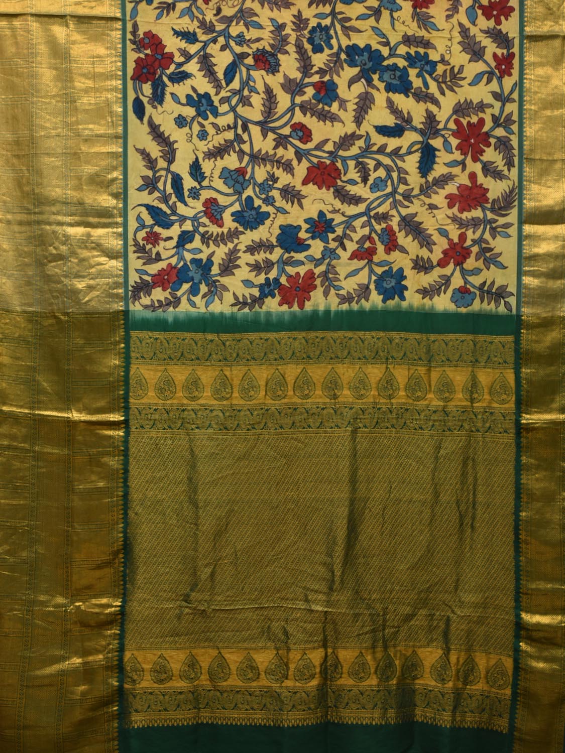 Green Kalamkari Hand Painted Kanchipuram Silk Handloom Saree with Floral Design KL0466