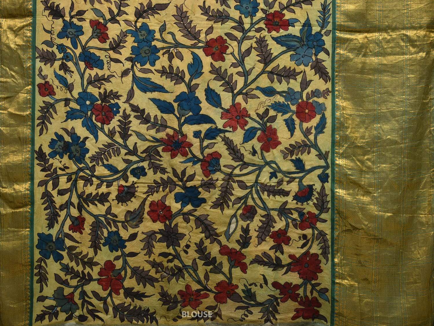 Green Kalamkari Hand Painted Kanchipuram Silk Handloom Saree with Floral Design KL0466