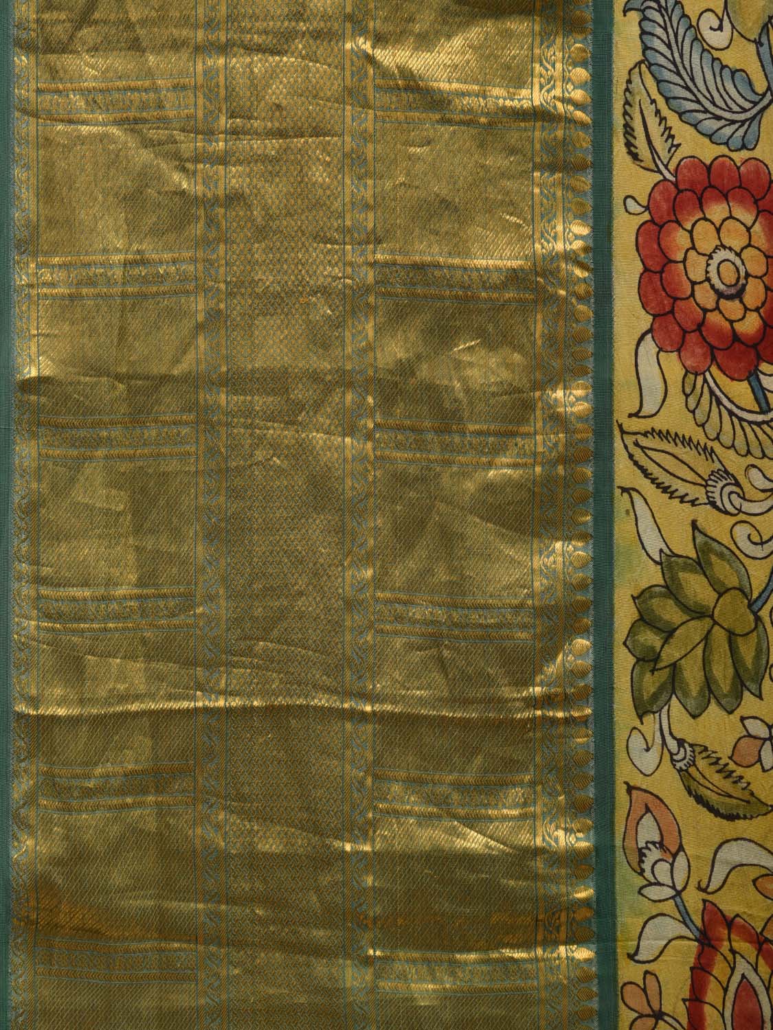 Green Kalamkari Hand Painted Kanchipuram Silk Handloom Saree with Floral Design KL0586