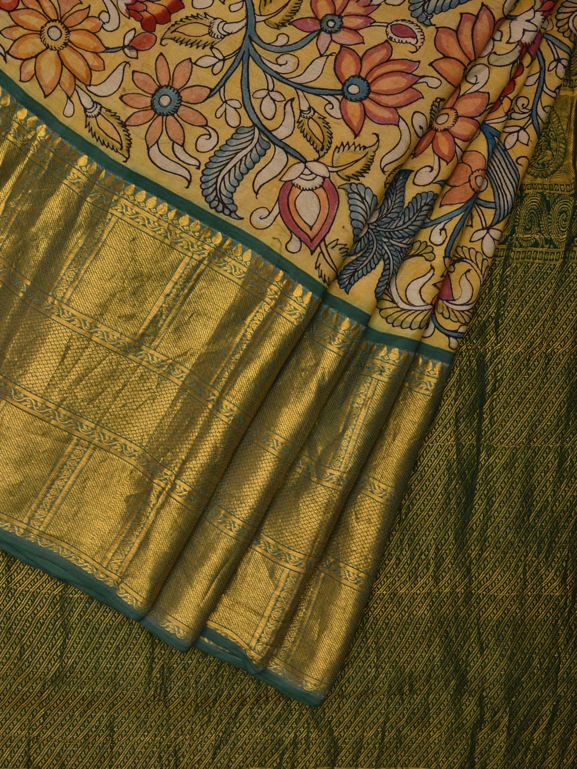 Green Kalamkari Hand Painted Kanchipuram Silk Handloom Saree with Floral Design KL0586