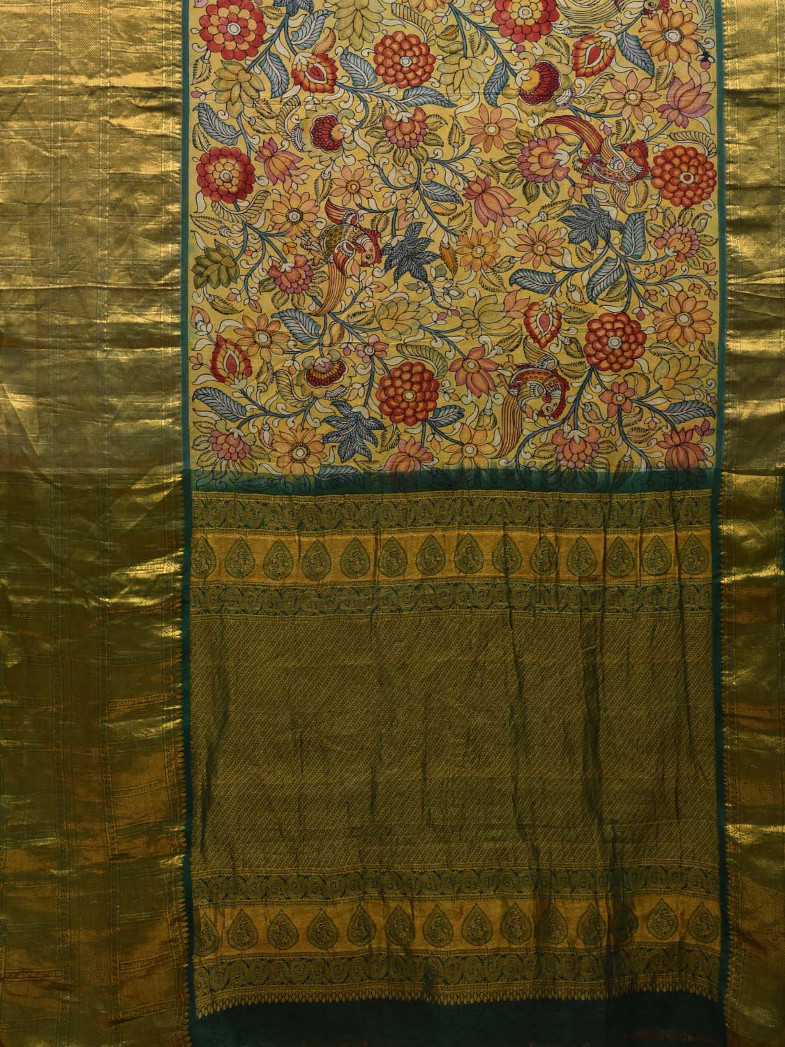 Green Kalamkari Hand Painted Kanchipuram Silk Handloom Saree with Floral Design KL0586