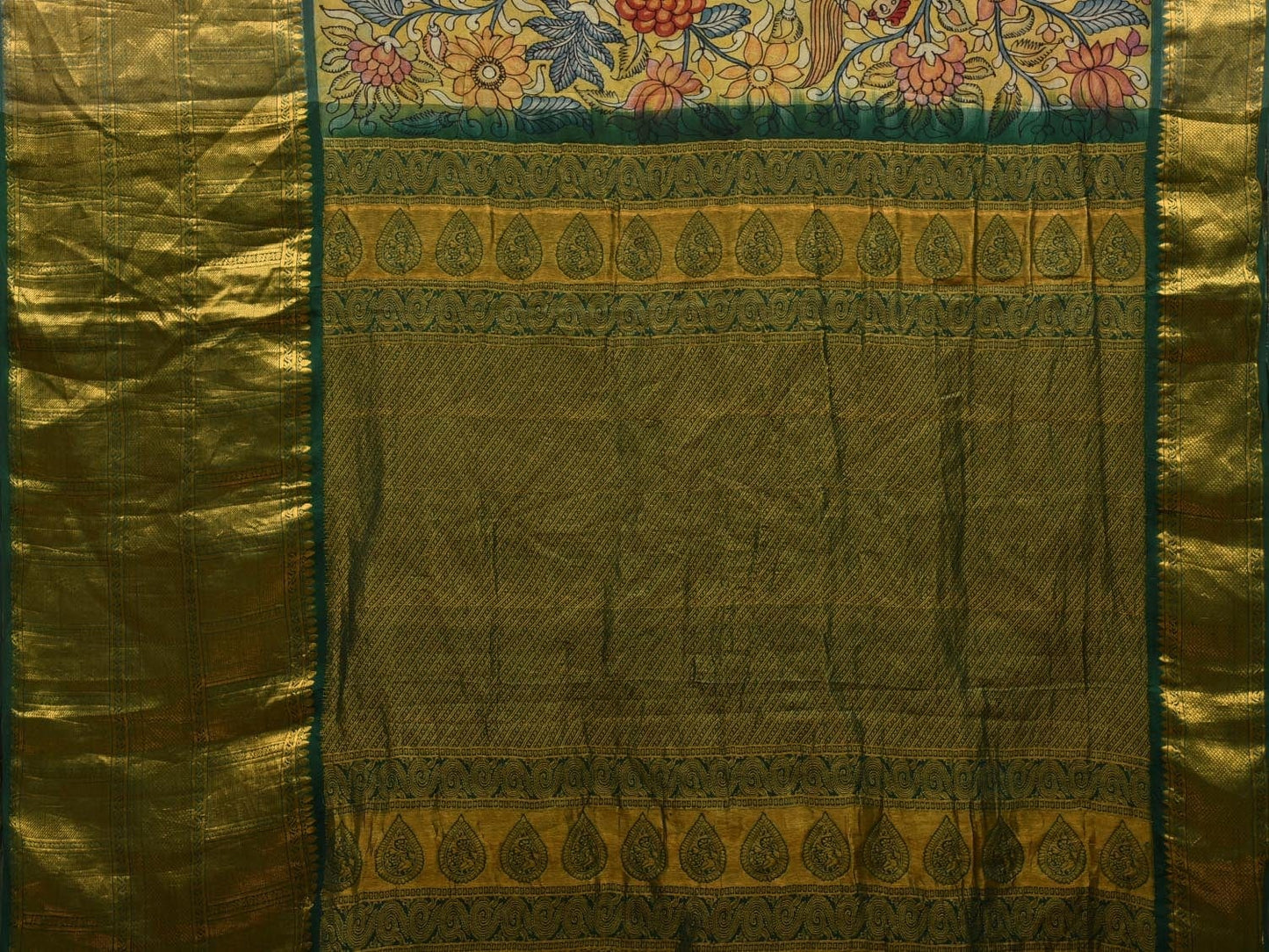 Green Kalamkari Hand Painted Kanchipuram Silk Handloom Saree with Floral Design KL0586