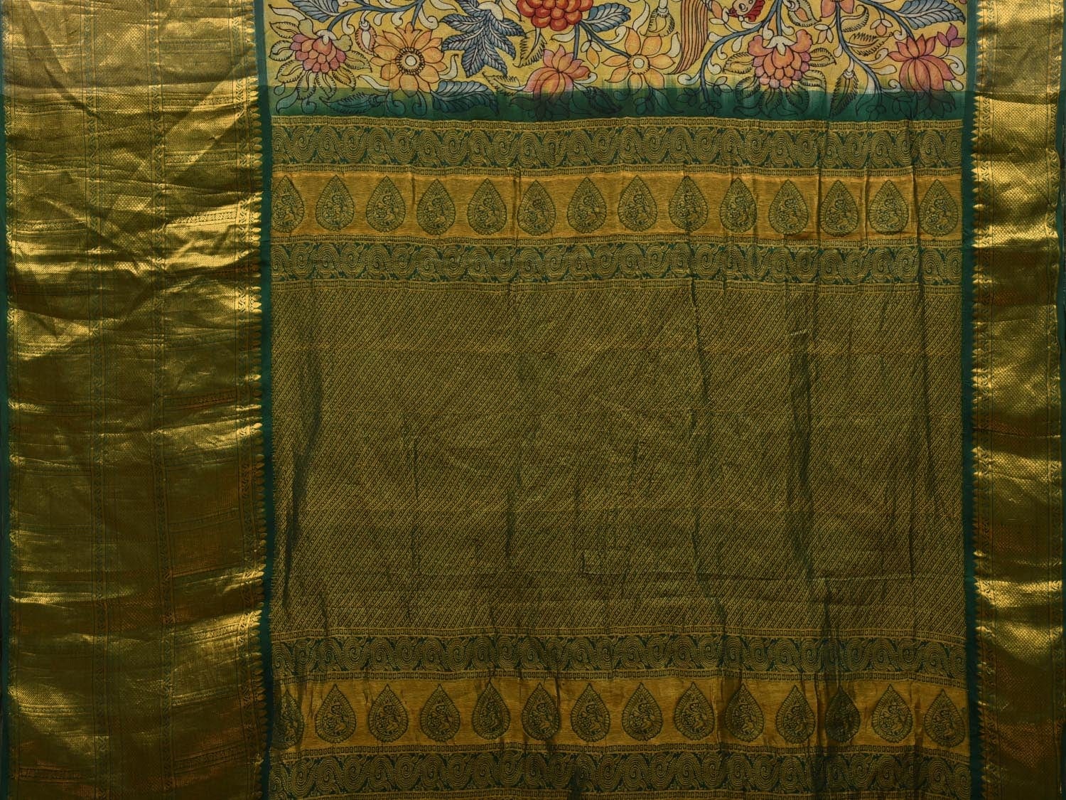 Green Kalamkari Hand Painted Kanchipuram Silk Handloom Saree with Floral Design KL0586