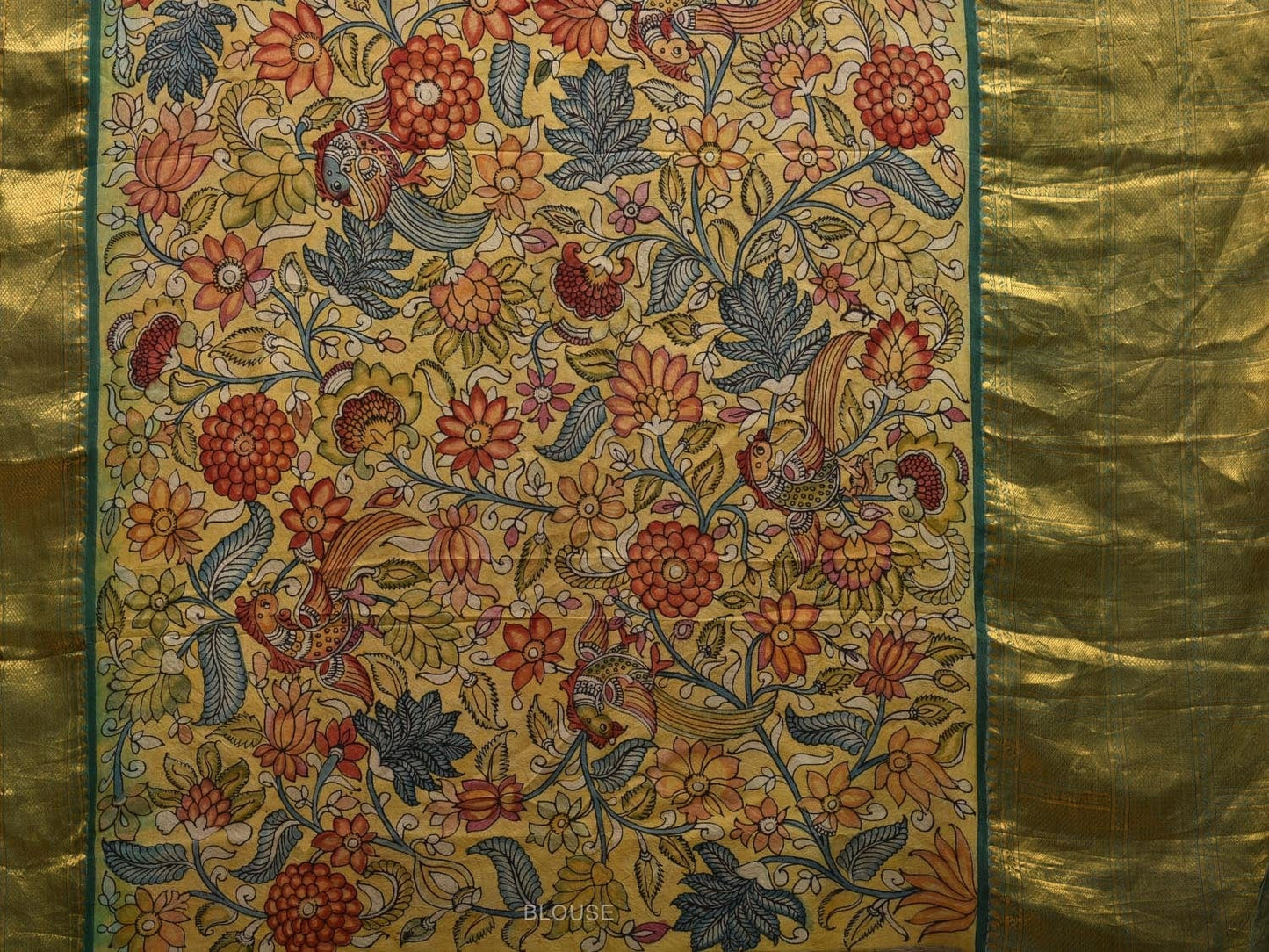 Green Kalamkari Hand Painted Kanchipuram Silk Handloom Saree with Floral Design KL0586