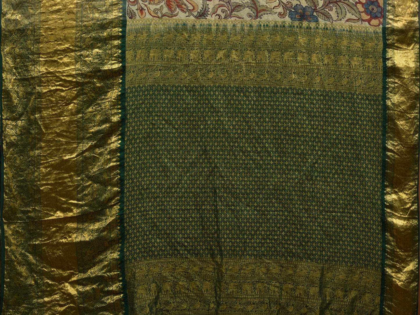 Green Kalamkari Hand Painted Kanchipuram Silk Handloom Saree with Floral Design KL0597