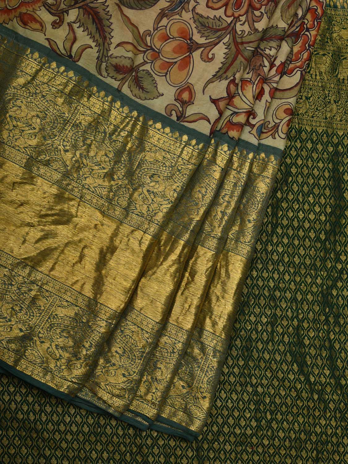 Green Kalamkari Hand Painted Kanchipuram Silk Handloom Saree with Floral Design KL0597