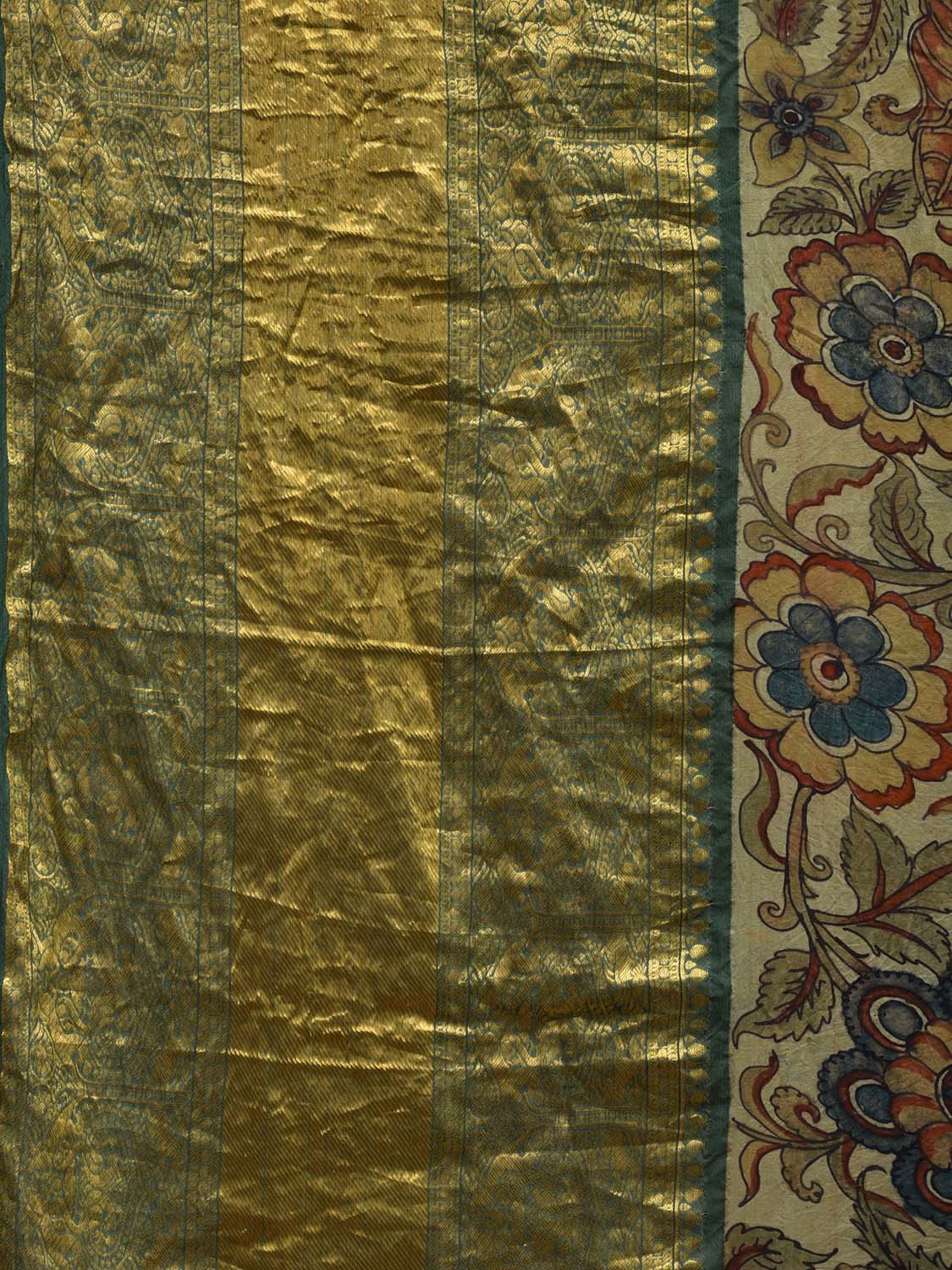 Green Kalamkari Hand Painted Kanchipuram Silk Handloom Saree with Floral Design KL0597