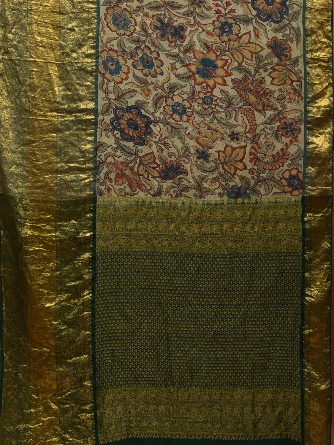 Green Kalamkari Hand Painted Kanchipuram Silk Handloom Saree with Floral Design KL0597