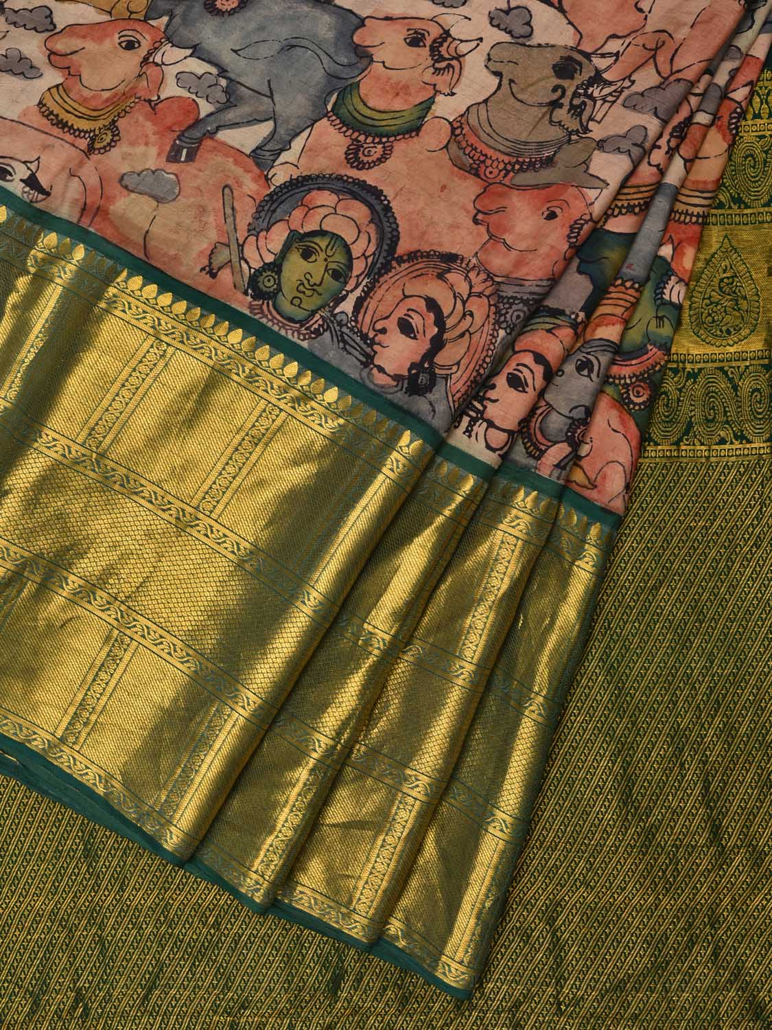 Green Kalamkari Hand Painted Kanchipuram Silk Handloom Saree with Krishna Leela Design KL0542