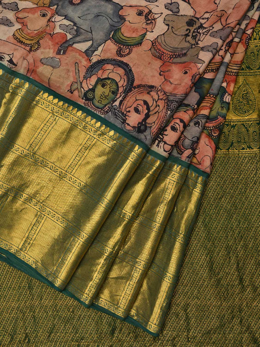 Green Kalamkari Hand Painted Kanchipuram Silk Handloom Saree with Krishna Leela Design KL0542