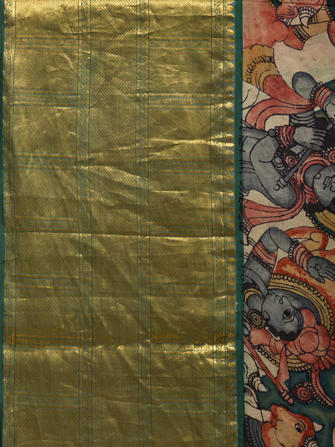 Green Kalamkari Hand Painted Kanchipuram Silk Handloom Saree with Krishna Leela Design KL0542