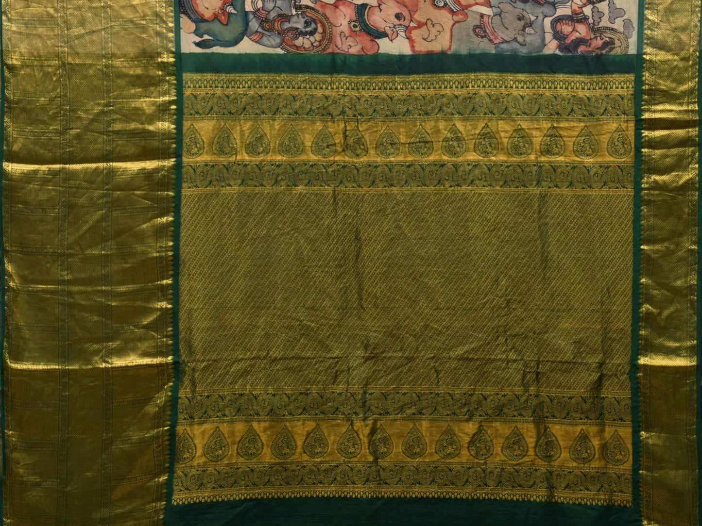 Green Kalamkari Hand Painted Kanchipuram Silk Handloom Saree with Krishna Leela Design KL0542