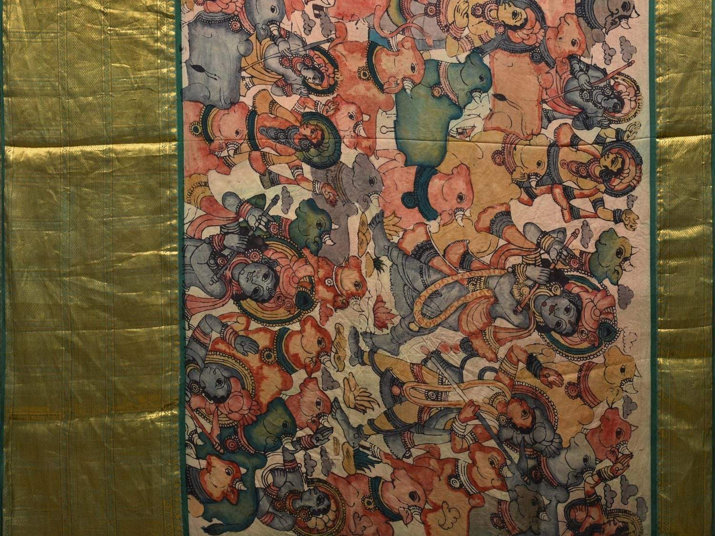 Green Kalamkari Hand Painted Kanchipuram Silk Handloom Saree with Krishna Leela Design KL0542