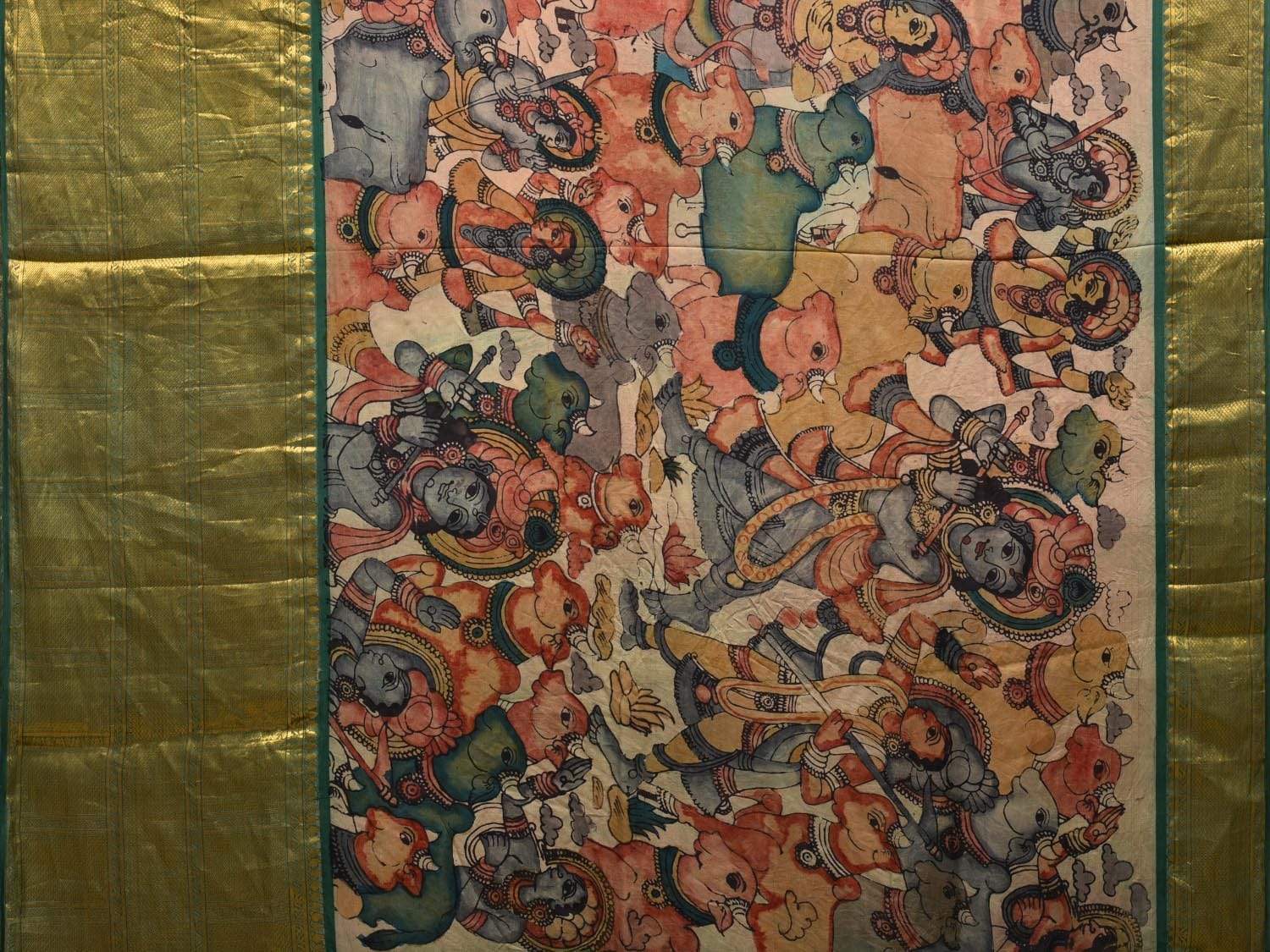 Green Kalamkari Hand Painted Kanchipuram Silk Handloom Saree with Krishna Leela Design KL0542