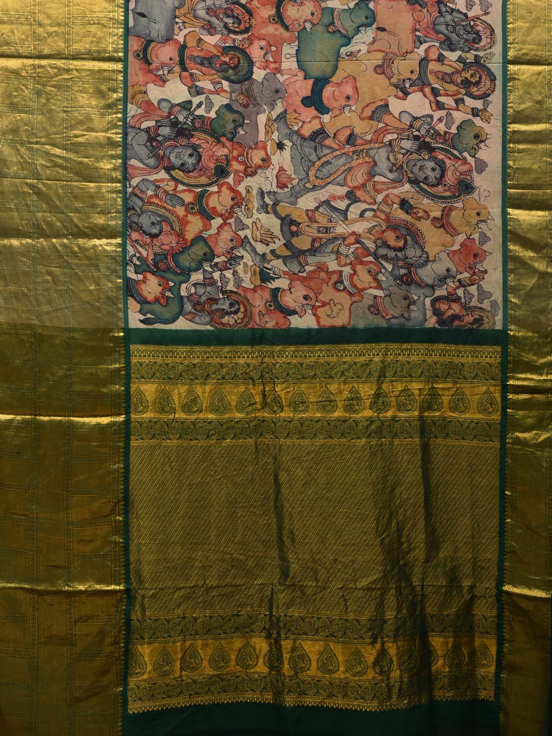 Green Kalamkari Hand Painted Kanchipuram Silk Handloom Saree with Krishna Leela Design KL0542
