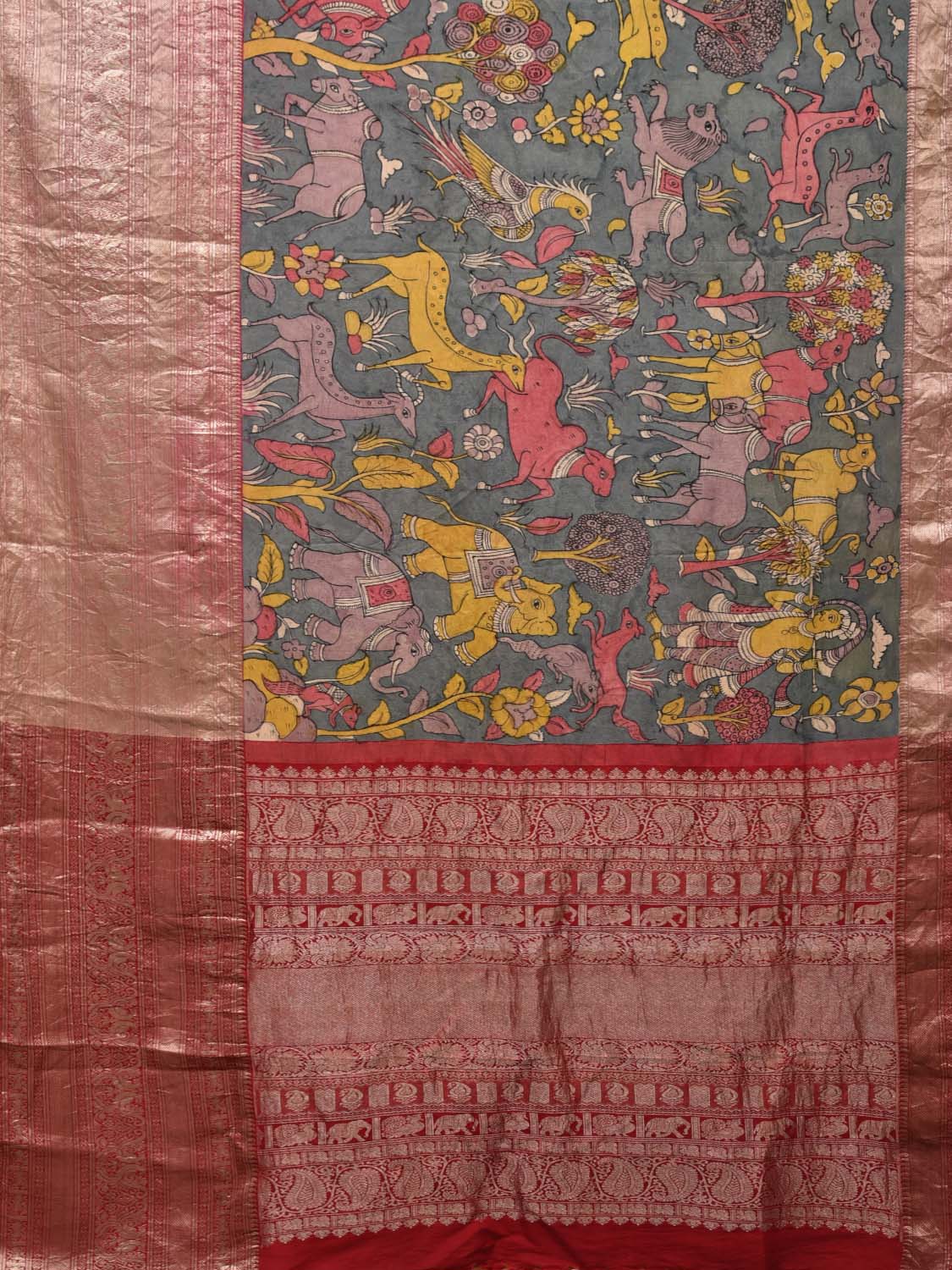 Green Kalamkari Hand Painted Kanchipuram Silk Handloom Saree with Panchatantra Design KL0449