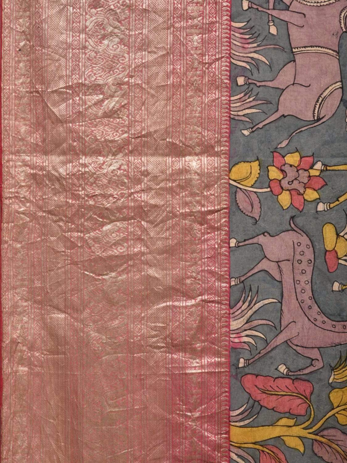 Green Kalamkari Hand Painted Kanchipuram Silk Handloom Saree with Panchatantra Design KL0449