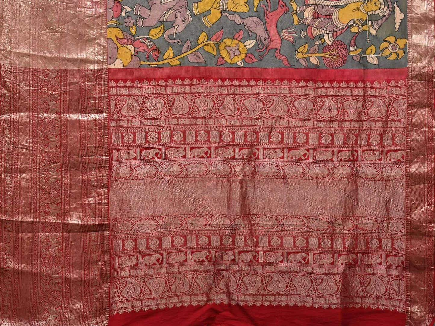 Green Kalamkari Hand Painted Kanchipuram Silk Handloom Saree with Panchatantra Design KL0449
