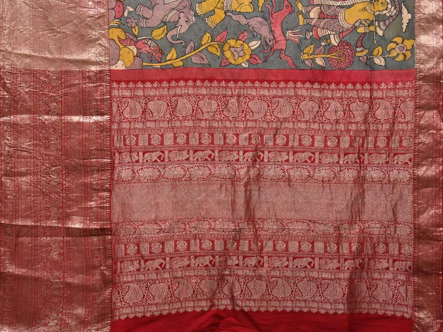 Green Kalamkari Hand Painted Kanchipuram Silk Handloom Saree with Panchatantra Design KL0449