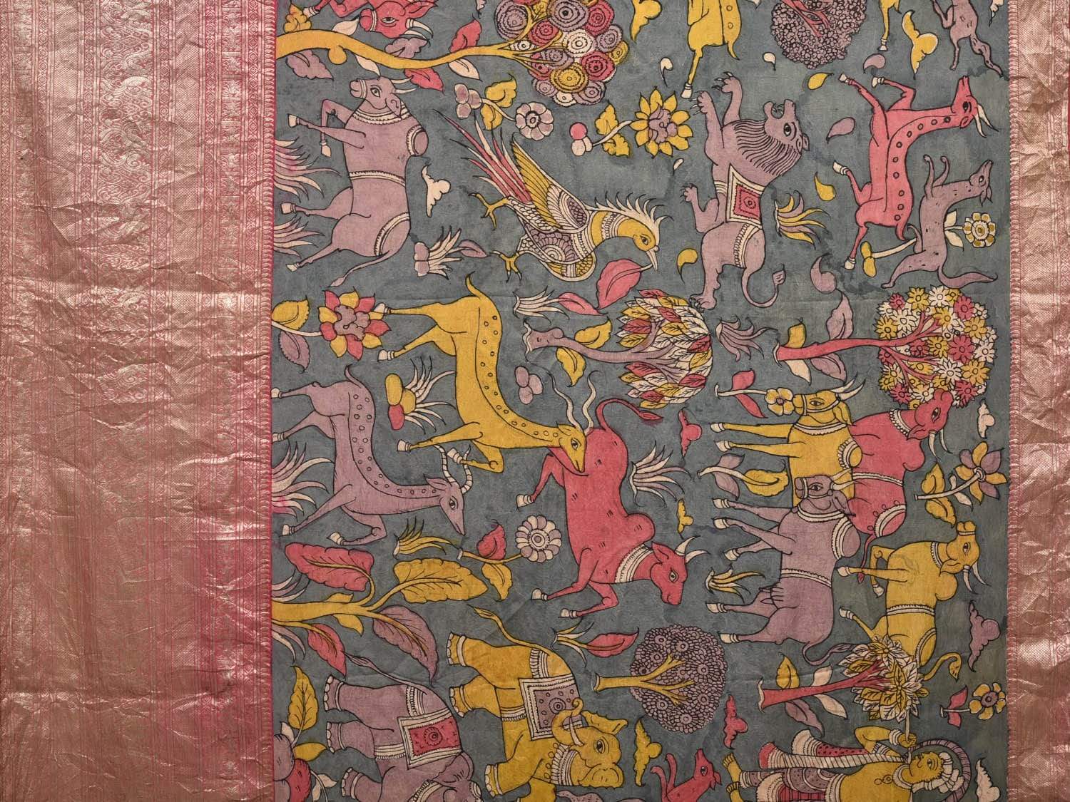 Green Kalamkari Hand Painted Kanchipuram Silk Handloom Saree with Panchatantra Design KL0449