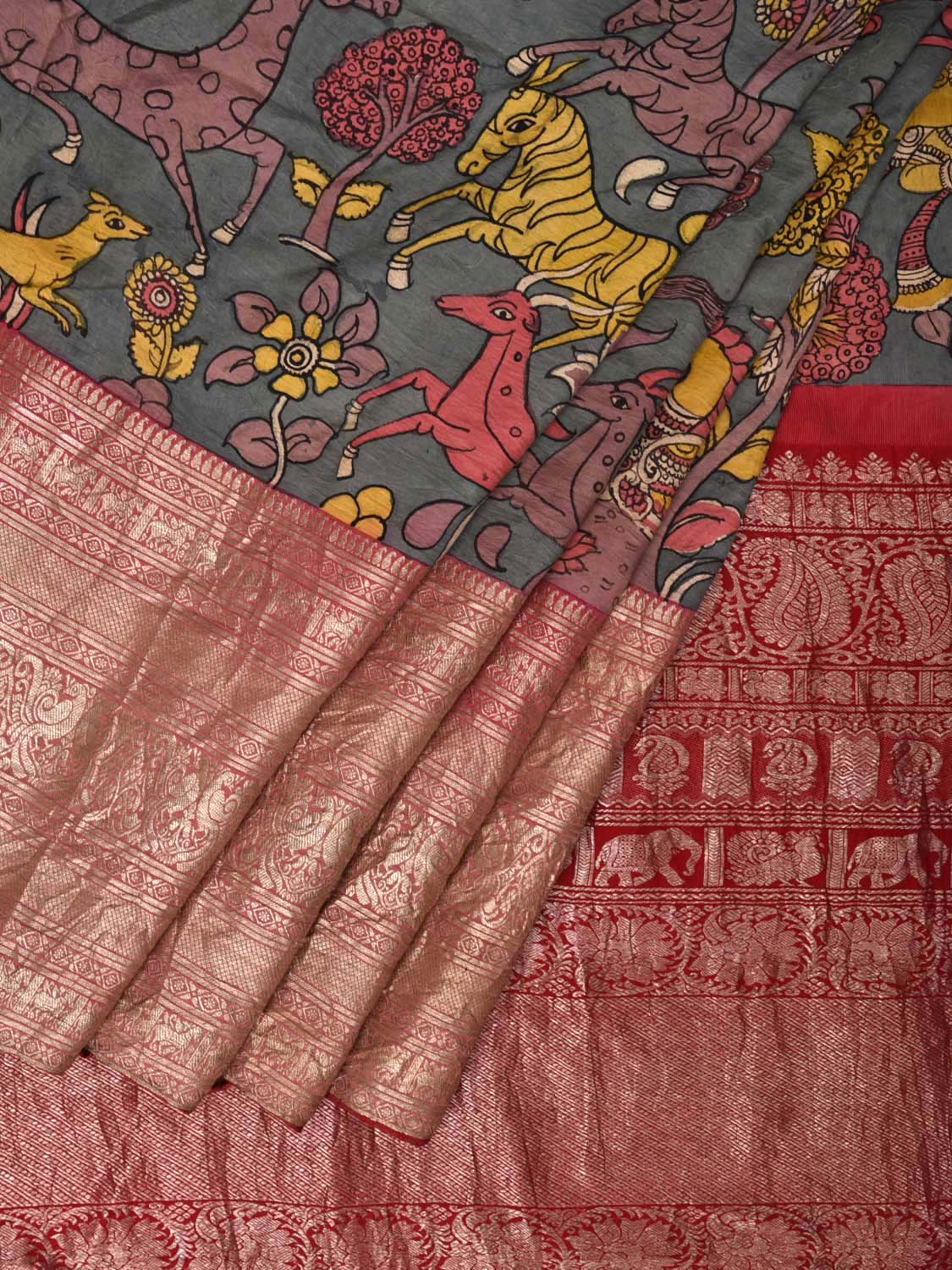 Green Kalamkari Hand Painted Kanchipuram Silk Handloom Saree with Panchatantra Design KL0449