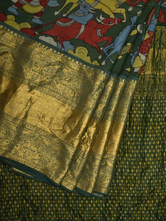 Green Kalamkari Hand Painted Kanchipuram Silk Handloom Saree with Ram Leela Design KL0583