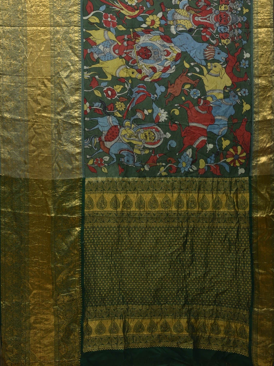 Green Kalamkari Hand Painted Kanchipuram Silk Handloom Saree with Ram Leela Design KL0583