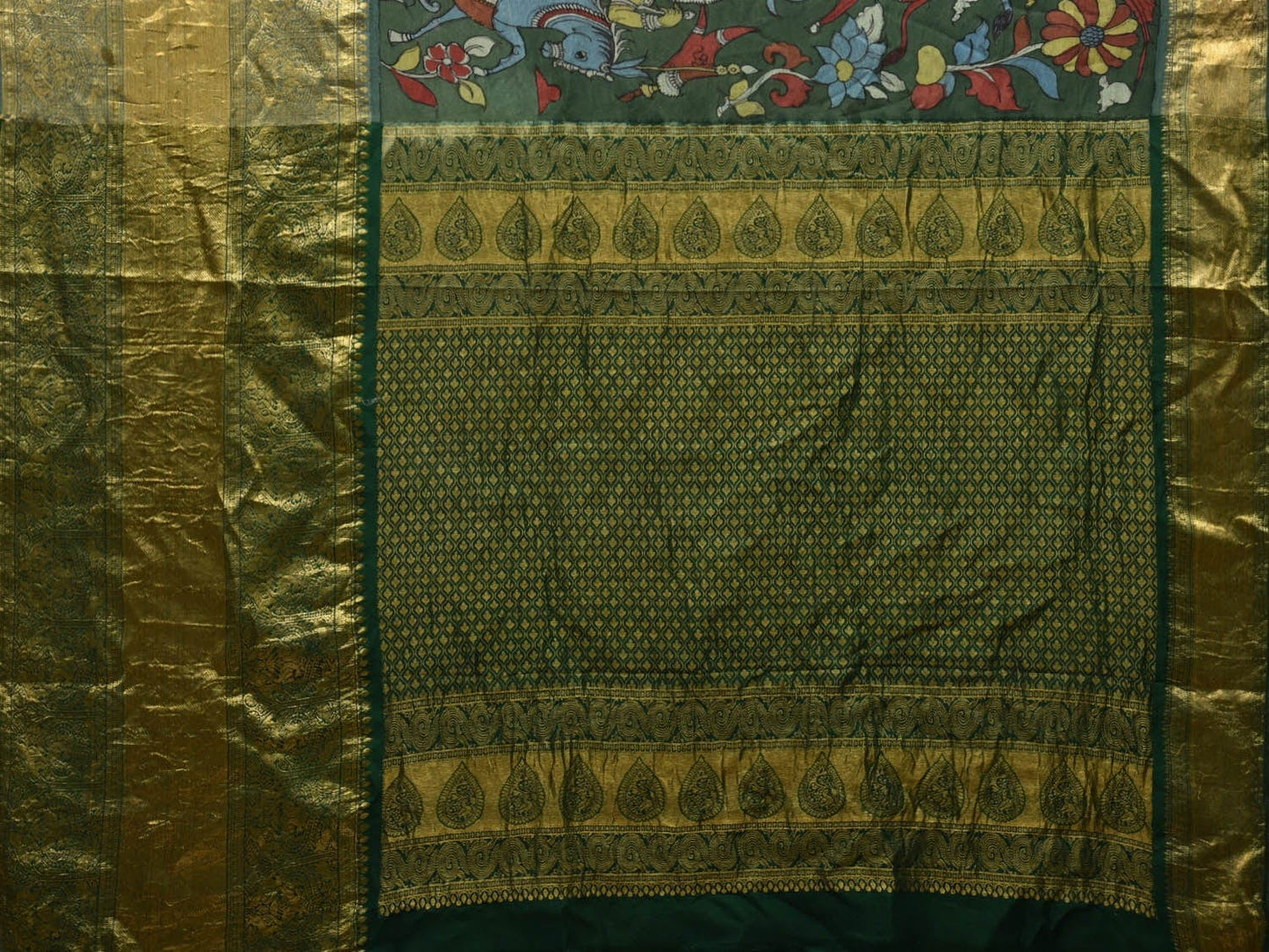Green Kalamkari Hand Painted Kanchipuram Silk Handloom Saree with Ram Leela Design KL0583