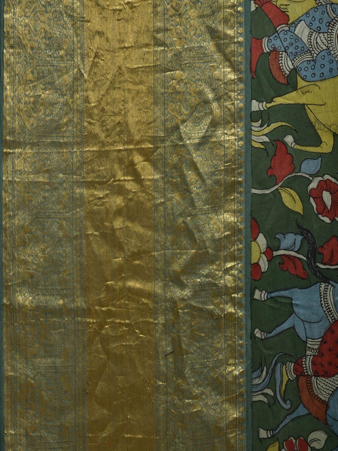 Green Kalamkari Hand Painted Kanchipuram Silk Handloom Saree with Ram Leela Design KL0583