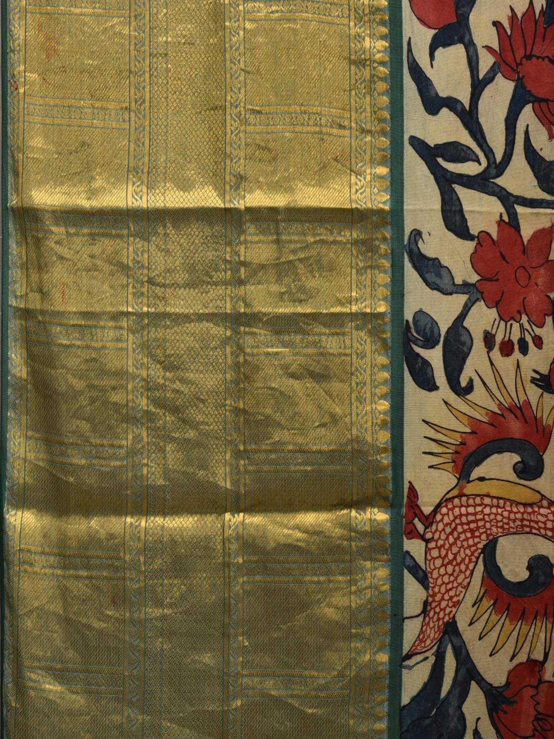 Green Kalamkari Hand Painted Kancipuram Silk Handloom Saree with Birds and Floral Design KL0463