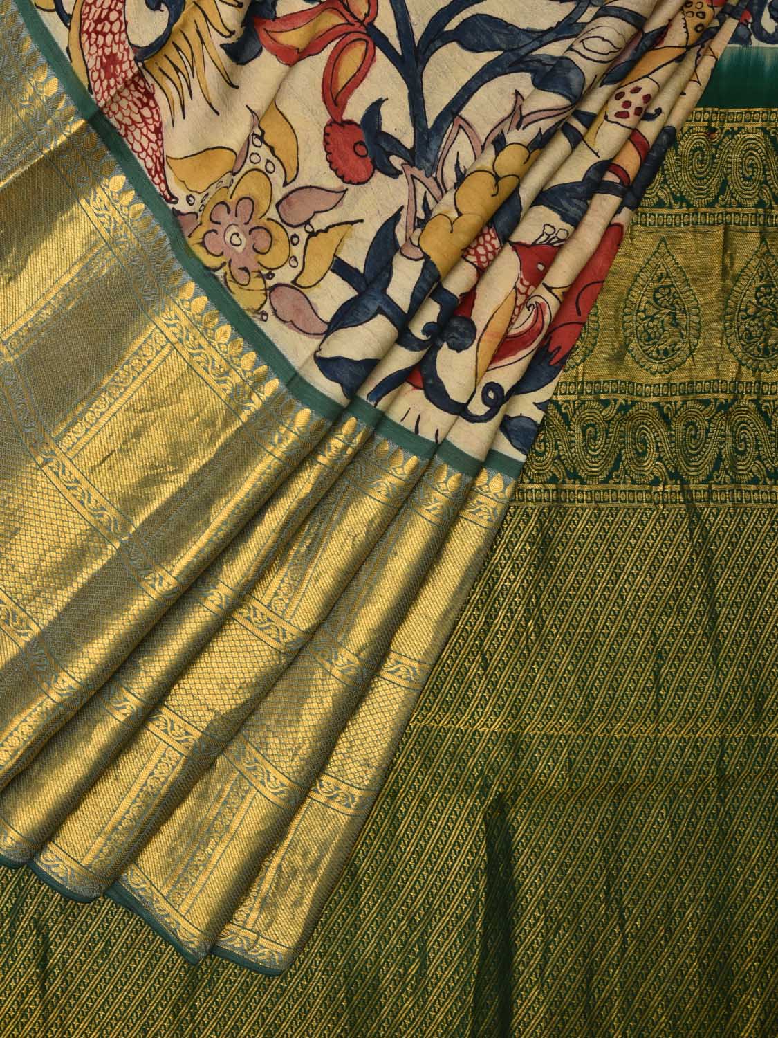 Green Kalamkari Hand Painted Kancipuram Silk Handloom Saree with Birds and Floral Design KL0463