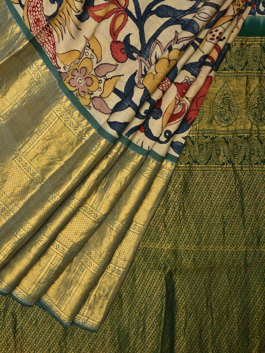 Green Kalamkari Hand Painted Kancipuram Silk Handloom Saree with Birds and Floral Design KL0463