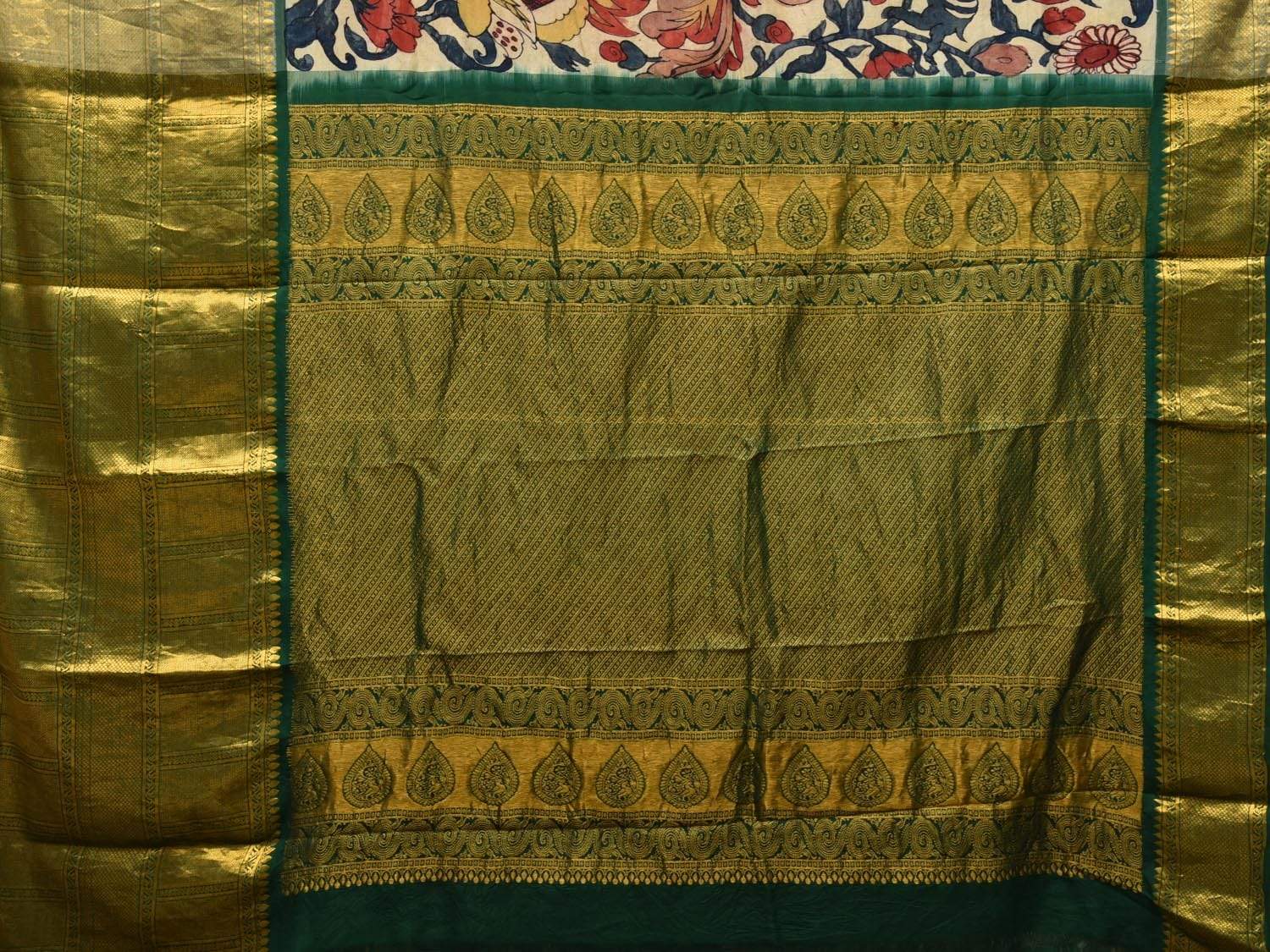 Green Kalamkari Hand Painted Kancipuram Silk Handloom Saree with Birds and Floral Design KL0463