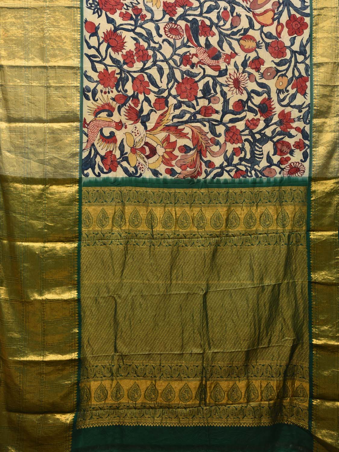 Green Kalamkari Hand Painted Kancipuram Silk Handloom Saree with Birds and Floral Design KL0463