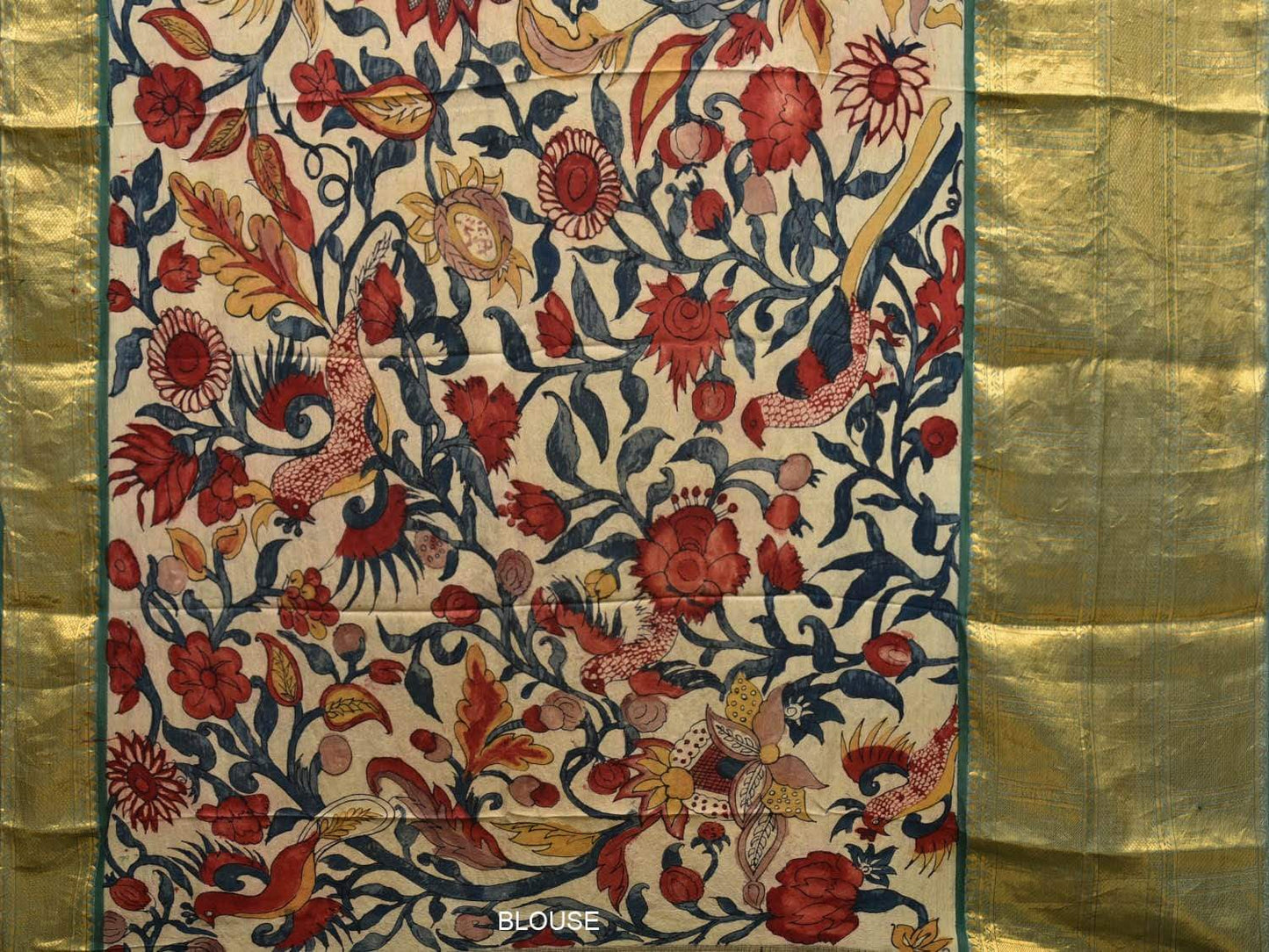 Green Kalamkari Hand Painted Kancipuram Silk Handloom Saree with Birds and Floral Design KL0463