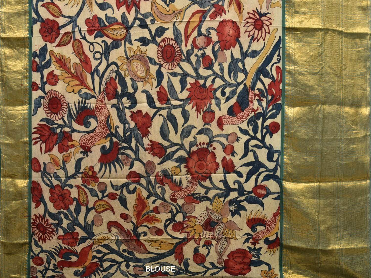 Green Kalamkari Hand Painted Kancipuram Silk Handloom Saree with Birds and Floral Design KL0463