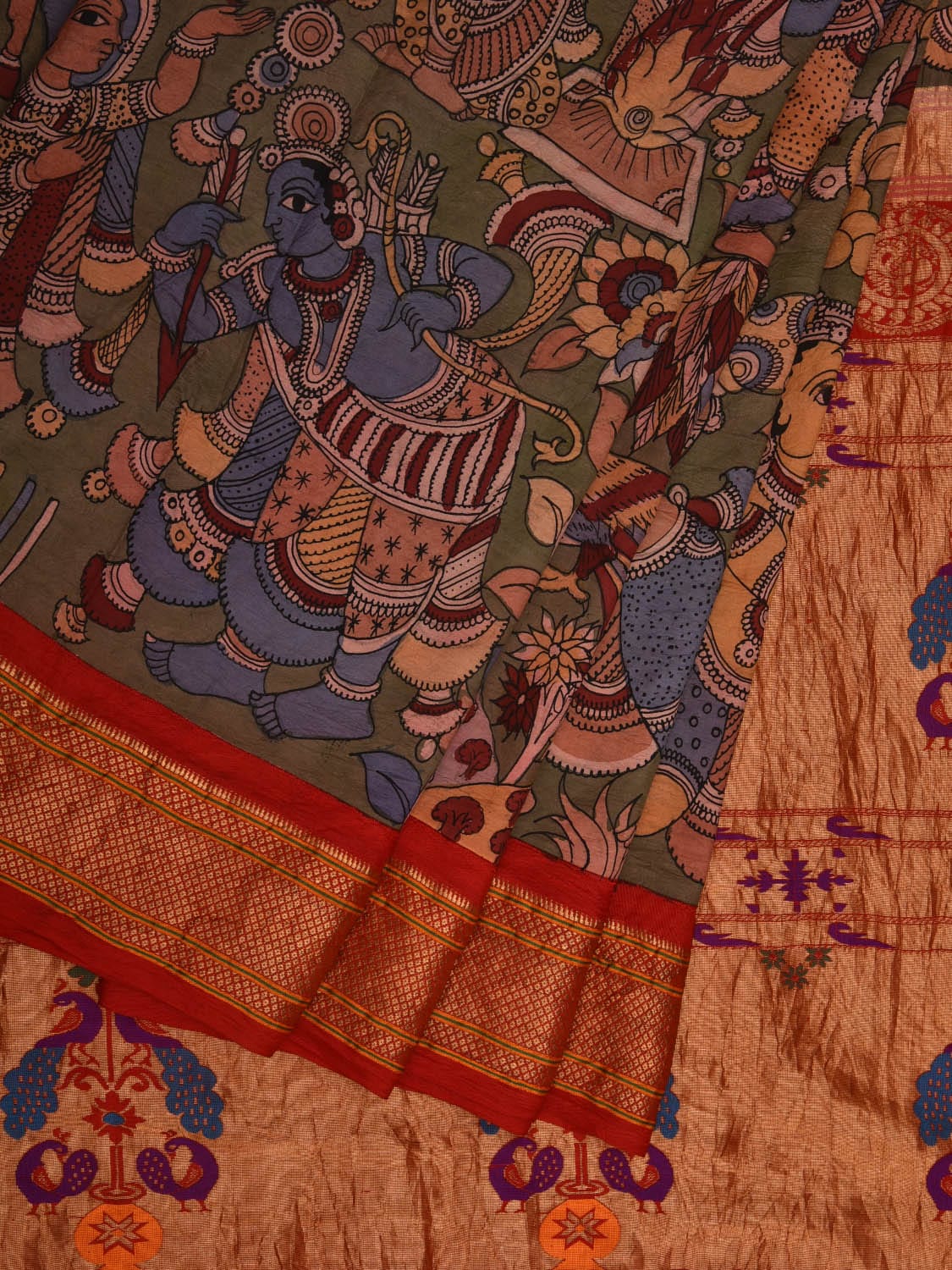 Green Kalamkari Hand Painted Paithani Silk Handloom Saree with Ramayan Story Design KL0675