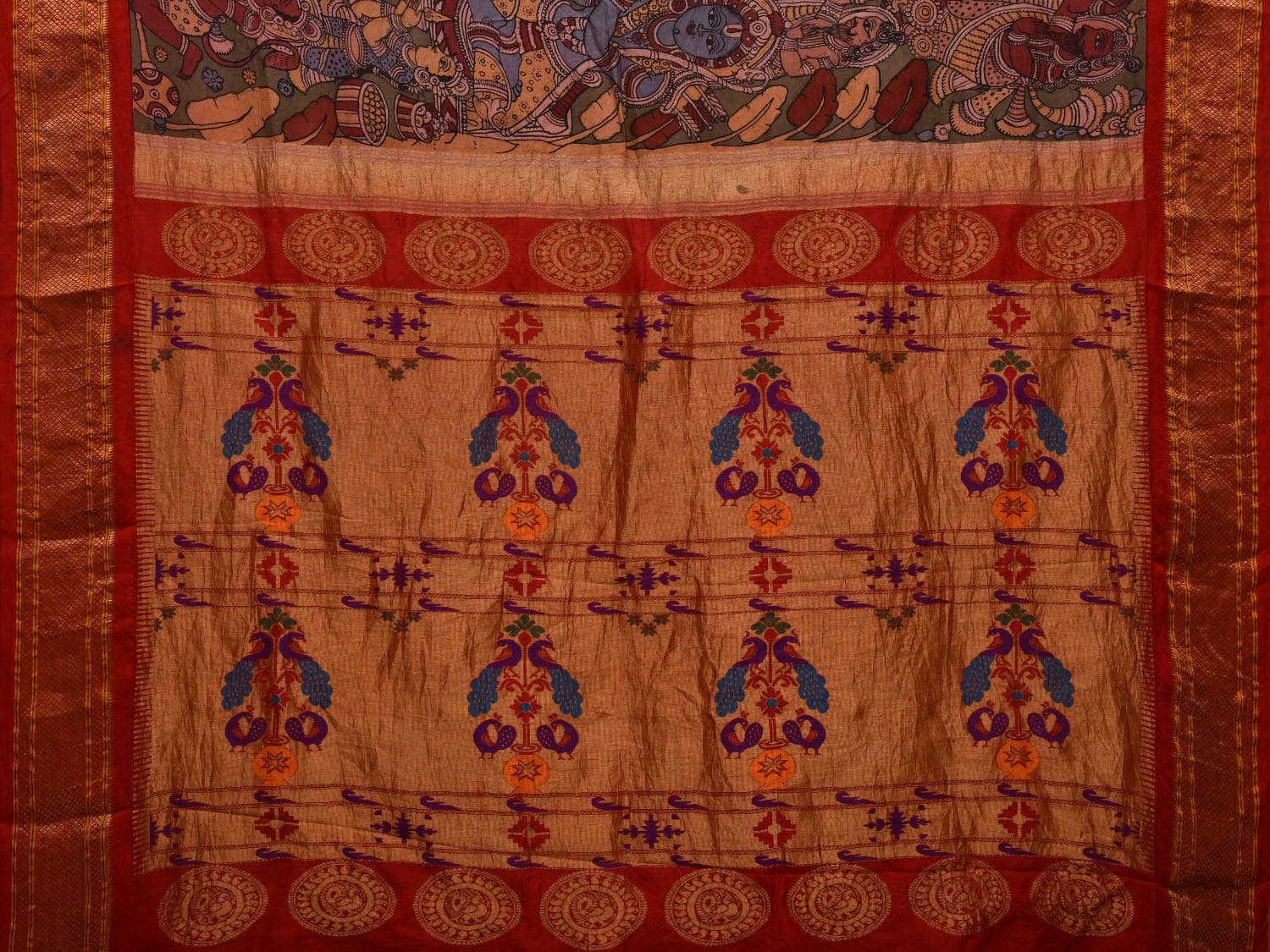 Green Kalamkari Hand Painted Paithani Silk Handloom Saree with Ramayan Story Design KL0675